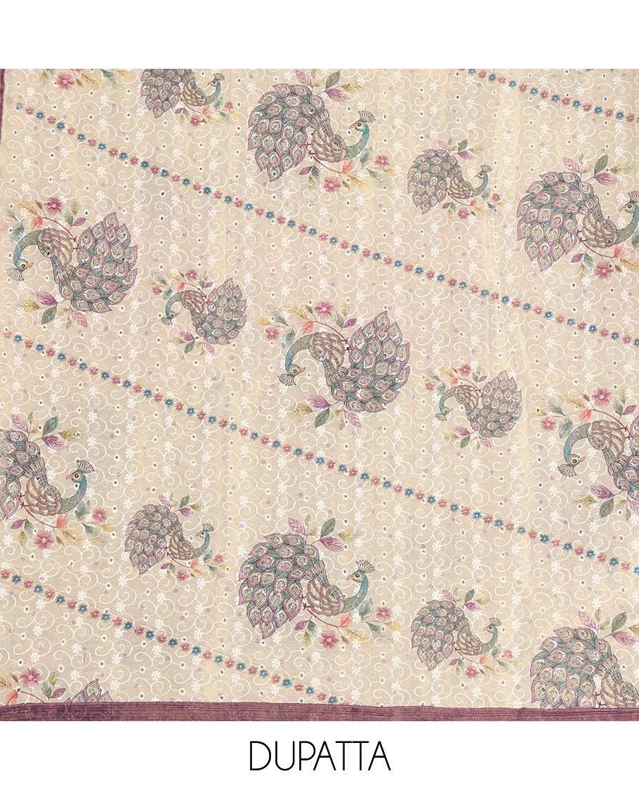 Wine tissue material chudidar set, peacock printed with neck patch embroidered top, plain bottom, dupatta of peacock print, and cut work - Image 2