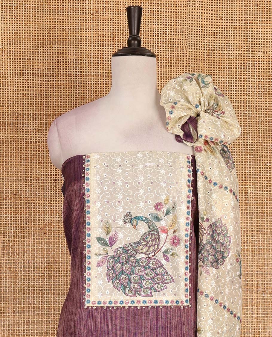 Wine tissue material chudidar set, peacock printed with neck patch embroidered top, plain bottom, dupatta of peacock print, and cut work - Image 3