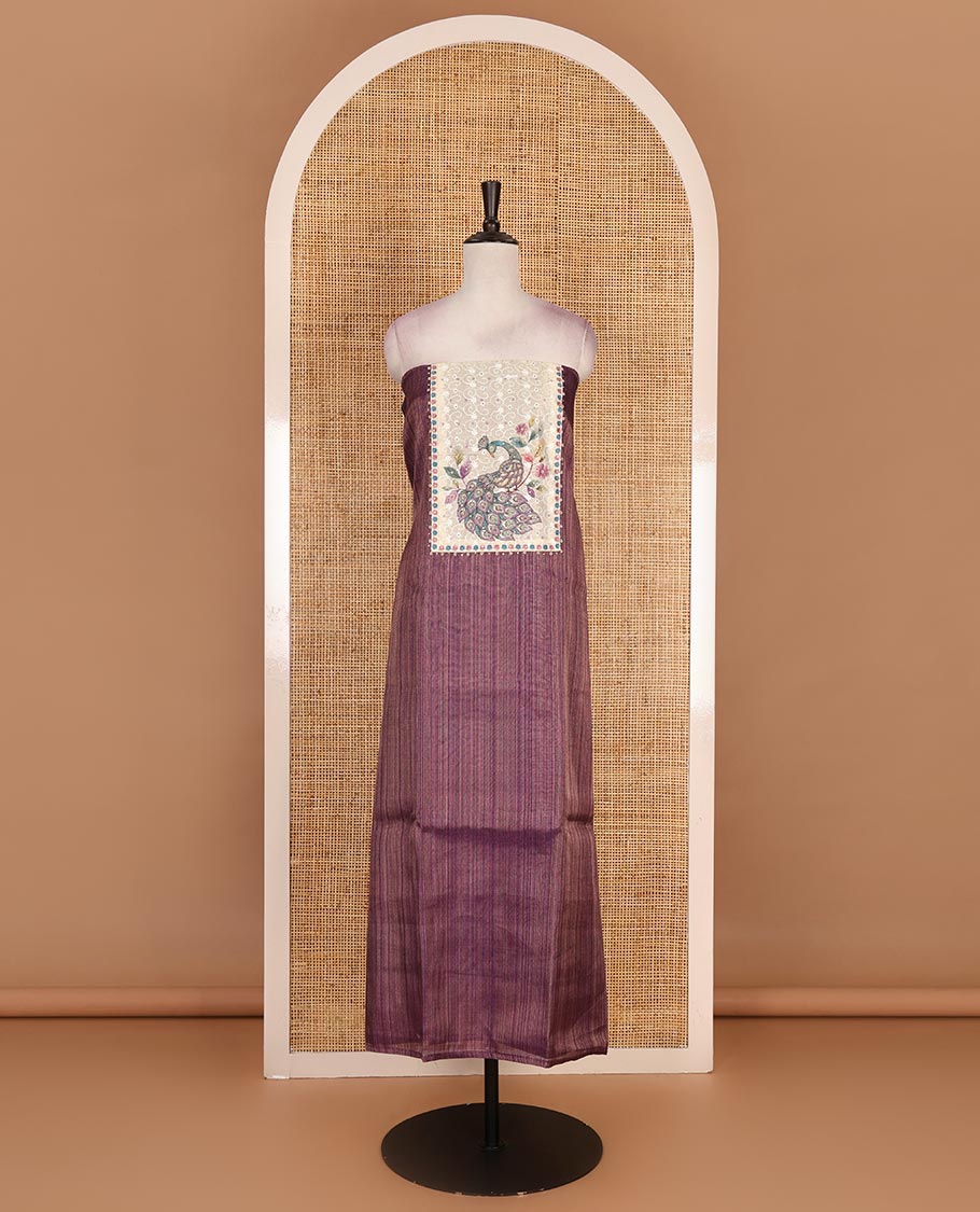 Wine tissue material chudidar set, peacock printed with neck patch embroidered top, plain bottom, dupatta of peacock print, and cut work - Image 4