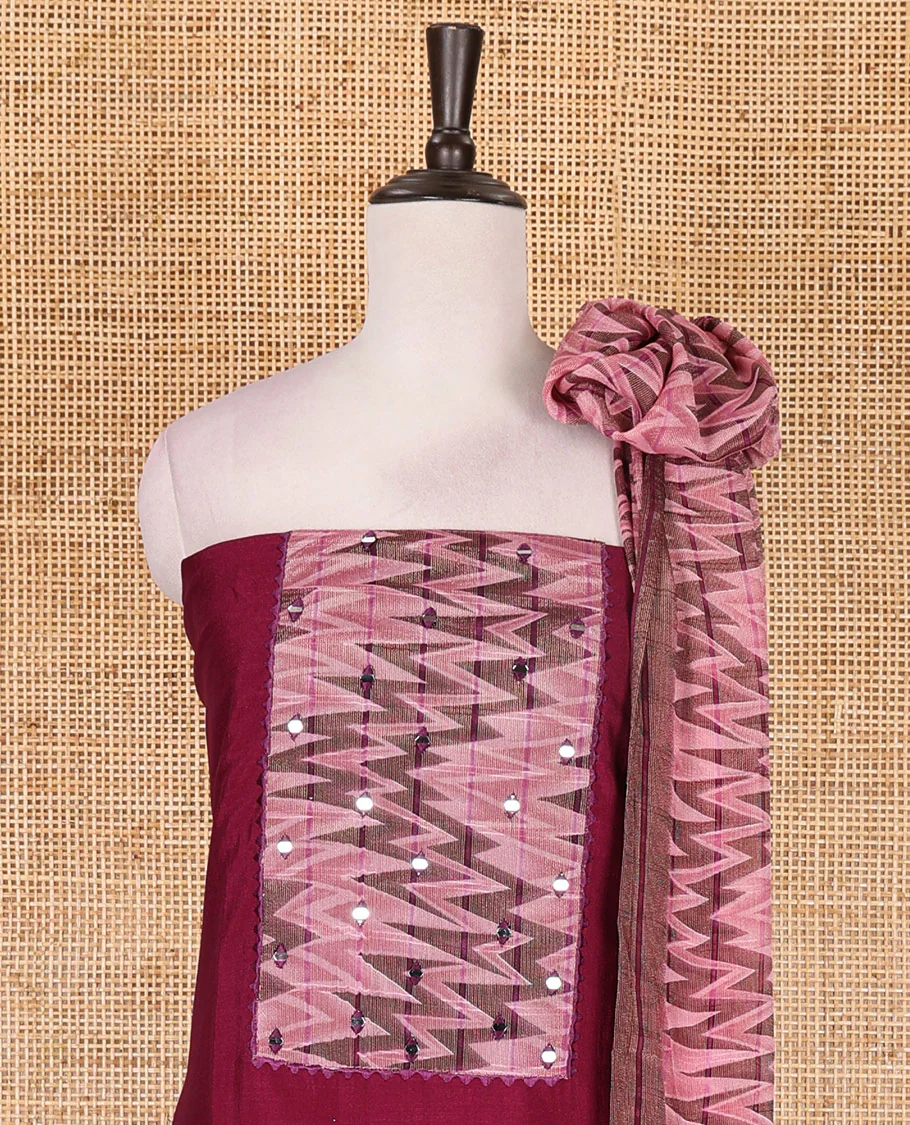 Wine Vertican silk material chudidar set, ikkat chevron striped with mirror neck embroidered top, santoon bottom, and contrast chevron striped dupatta - Image 3