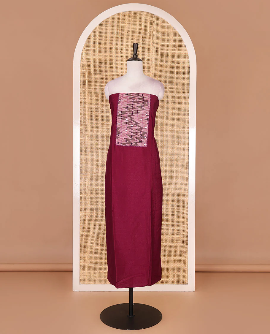 Wine Vertican silk material chudidar set, ikkat chevron striped with mirror neck embroidered top, santoon bottom, and contrast chevron striped dupatta - Image 4