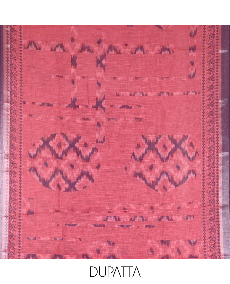Wine Vertican silk material chudidar set, vertical ikkat stripes, and kantha work top, contrast plain slub cotton bottom, and linen contrast ikkat printed zari border dupatta - Image 2