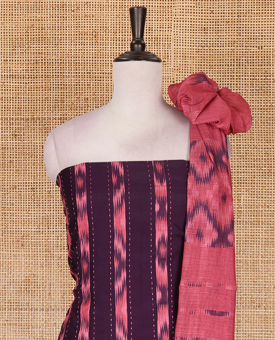 Wine Vertican silk material chudidar set, vertical ikkat stripes, and kantha work top, contrast plain slub cotton bottom, and linen contrast ikkat printed zari border dupatta - Image 3