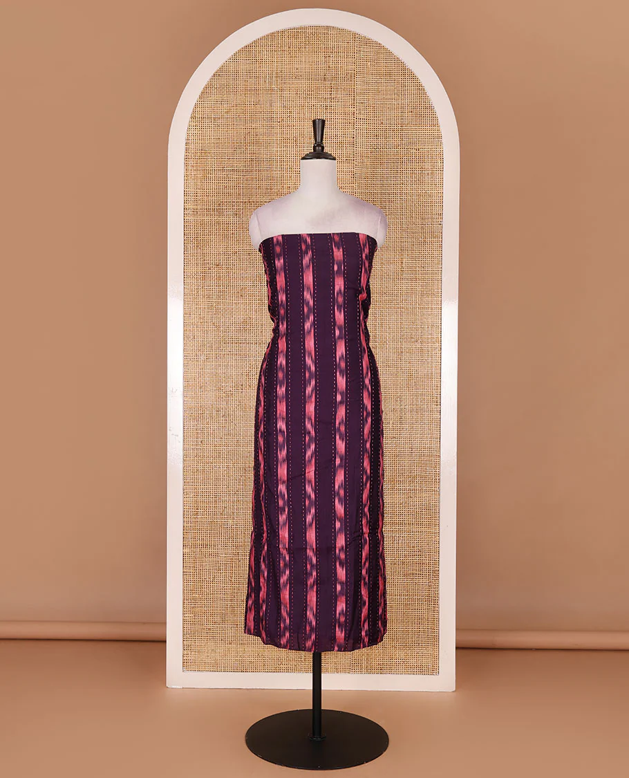 Wine Vertican silk material chudidar set, vertical ikkat stripes, and kantha work top, contrast plain slub cotton bottom, and linen contrast ikkat printed zari border dupatta - Image 4