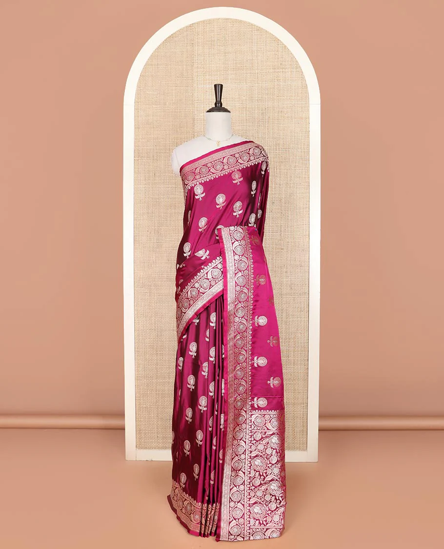 Wine zari buttas mushru silk saree, floral creeper design border, and intricately designed pallu - Image 2