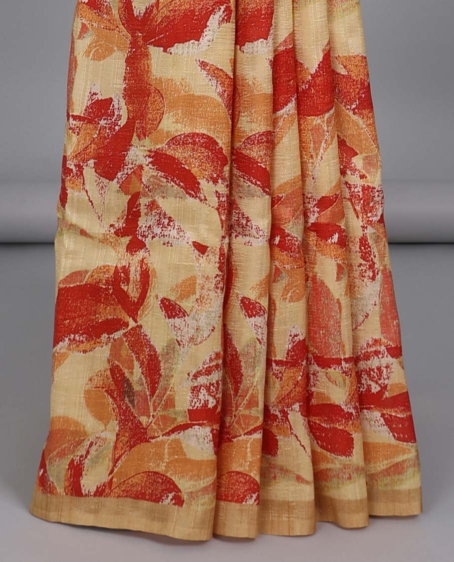 Yellow abstract floral printed semi-banaras tussar saree, plain border & striped printed pallu - Image 3