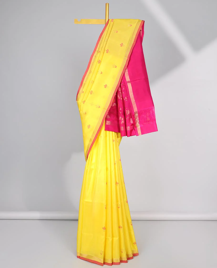Yellow all-over flower motifs upadda silk saree with self zari border - Image 2