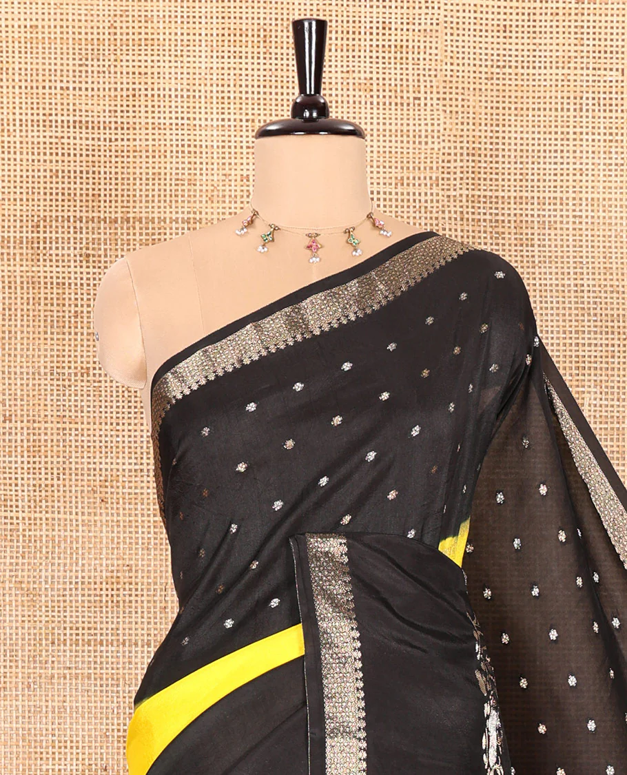 Black and yellow three-part, uniquely woven Russian silk saree features zari buttas and deer motifs, traditional motifs border, striped pallu, and a contrast buttas blouse - Image 2