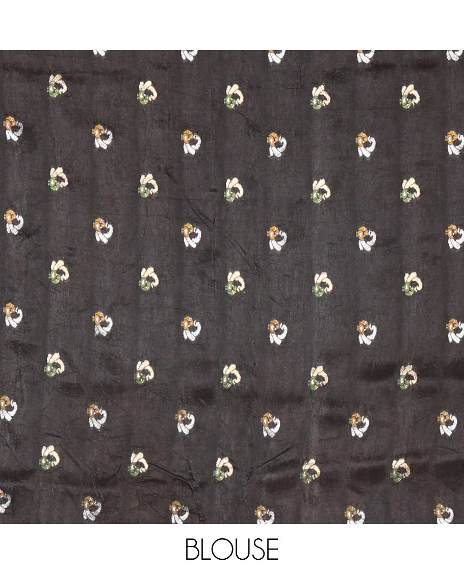 Black and yellow three-part, uniquely woven Russian silk saree features zari buttas and deer motifs, traditional motifs border, striped pallu, and a contrast buttas blouse - Image 3
