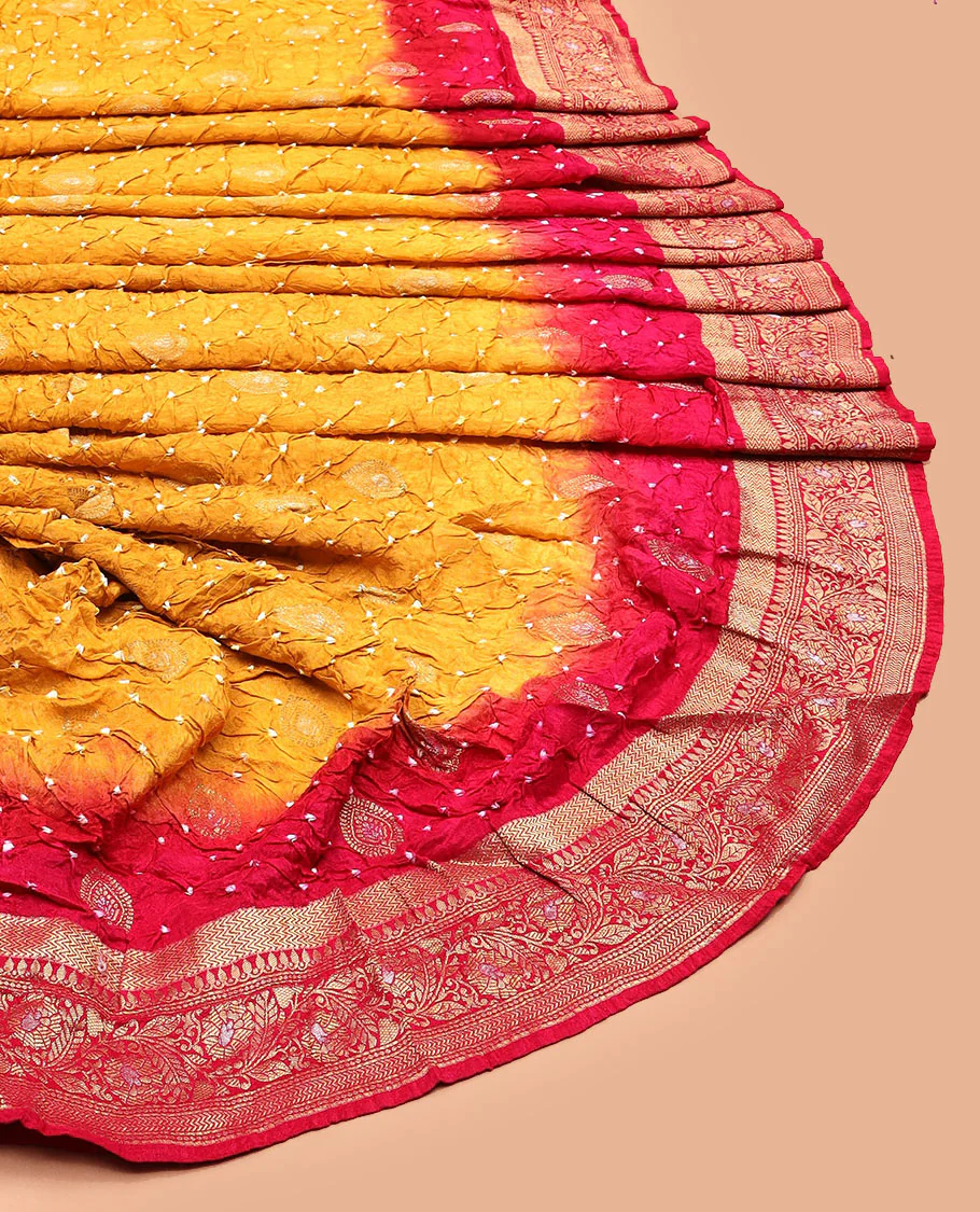 Yellow bandhani dots and zari buttas bandhani silk saree, contrast floral creeper zari border, and patola-style butta enclosed checked pallu - Image 2