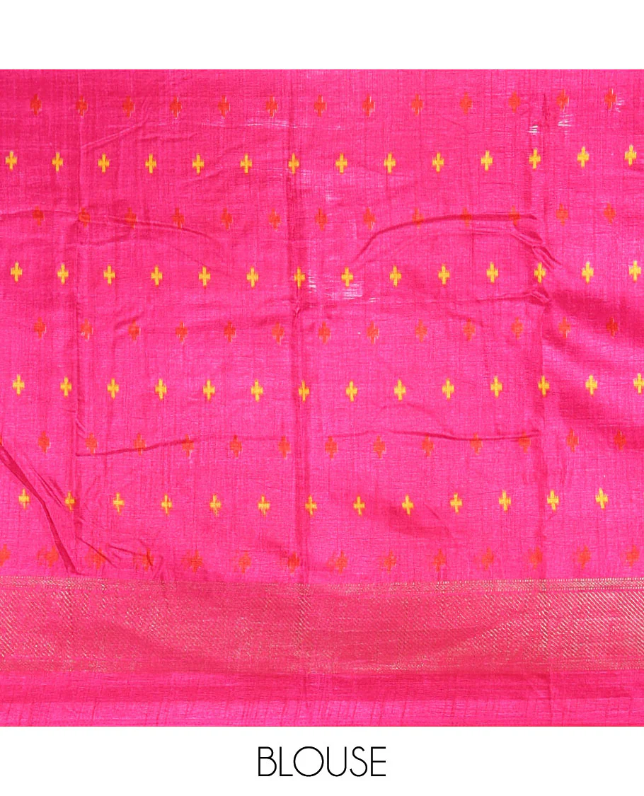 Yellow bandhani dotted dola silk saree, contrast patola style animal motifs enclosed diamond gird zari border, and contrast printed blouse - Image 4