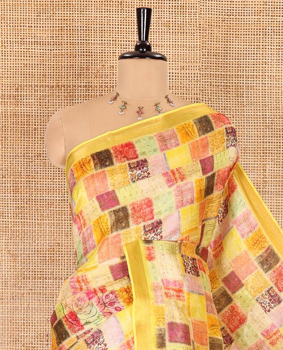 Yellow-base unique motifs enclosed colorful checks printed banana pith saree, zari striped pallu, and a matching blouse - Image 2