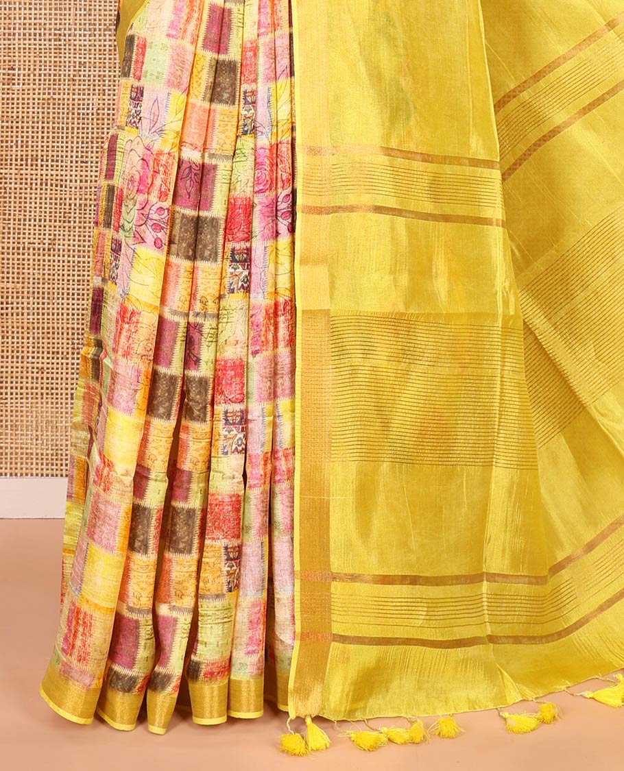 Yellow-base unique motifs enclosed colorful checks printed banana pith saree, zari striped pallu, and a matching blouse - Image 3