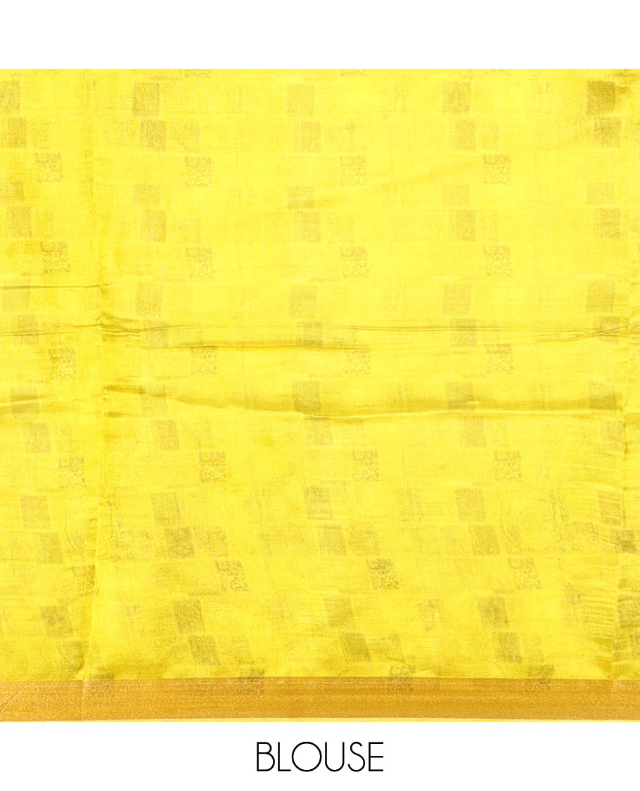 Yellow-base unique motifs enclosed colorful checks printed banana pith saree, zari striped pallu, and a matching blouse - Image 4
