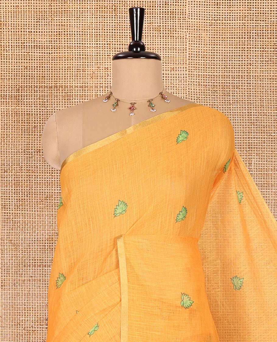 Yellow lotus motifs printed linen saree, piping border, contrast floral vine printed pallu, and contrast printed blouse - Image 2