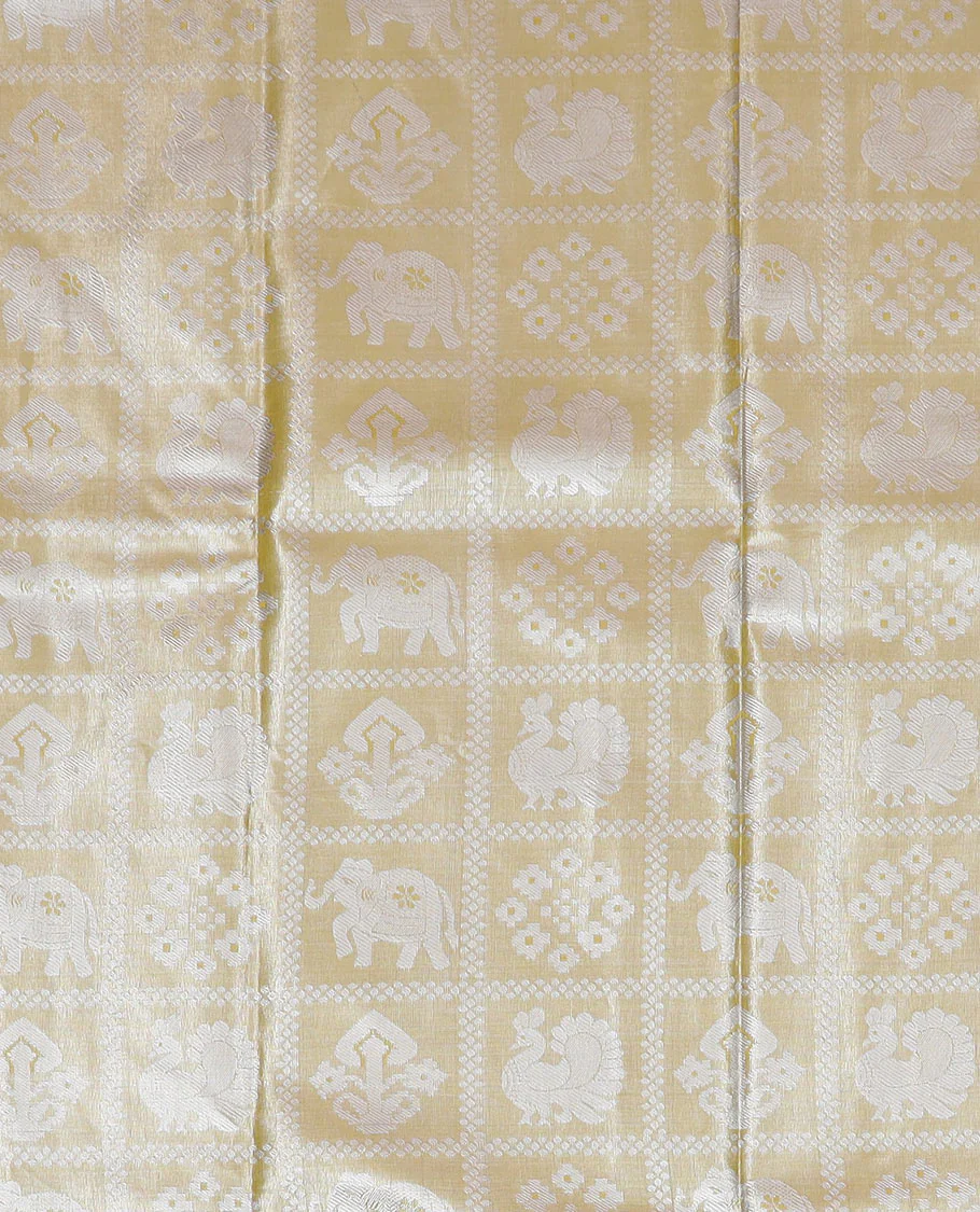 Yellow butta enclosed checked art silk half-saree, contrast traditional zari bordered skirt, contrast jacquard blouse and a contrast floral design dhavani - Image 3