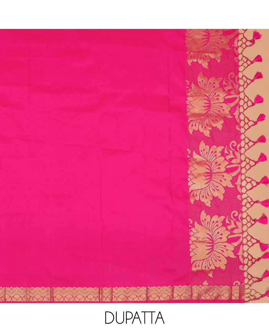Yellow butta enclosed checked art silk half-saree, contrast traditional zari bordered skirt, contrast jacquard blouse and a contrast floral design dhavani - Image 4