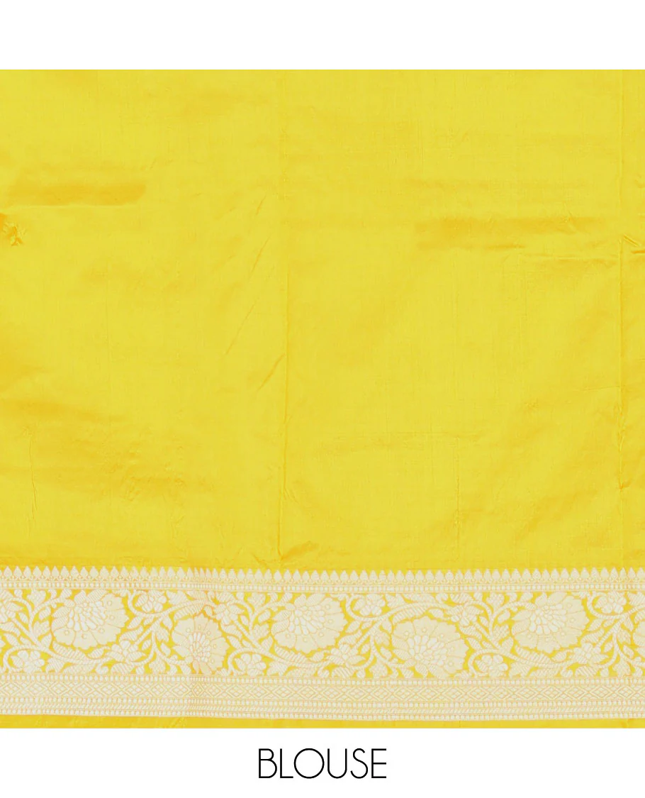 Yellow buttas banarasi kathan silk saree, floral creeper border, and pallu of paisley jaal design - Image 5