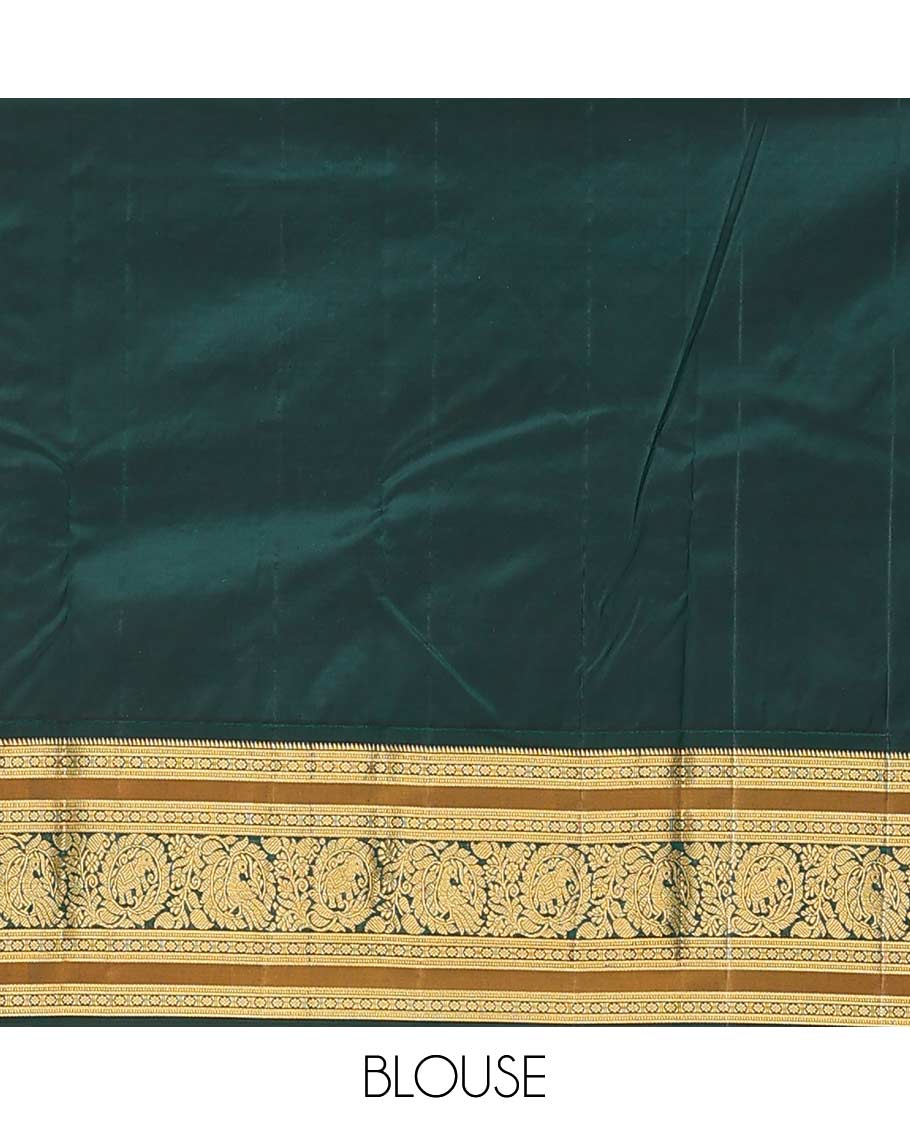 Yellow buttas Bangalore silk saree, contrast traditional zari border of peacocks, and pallu steeped with floral designs - Image 6
