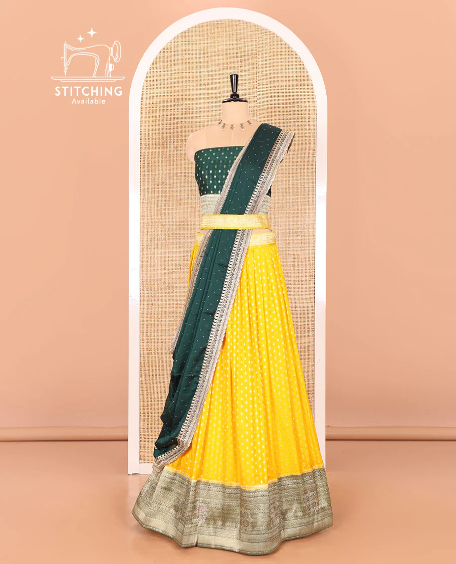 Yellow Buttas Embroidered Half-Saree with Contrast Traditional Motifs, Embroidered Viscose Georgette Border, Contrast Blouse, Intricately Embroidered Syska Georgette Dhavani, and a Embroidered Belt - Image 3