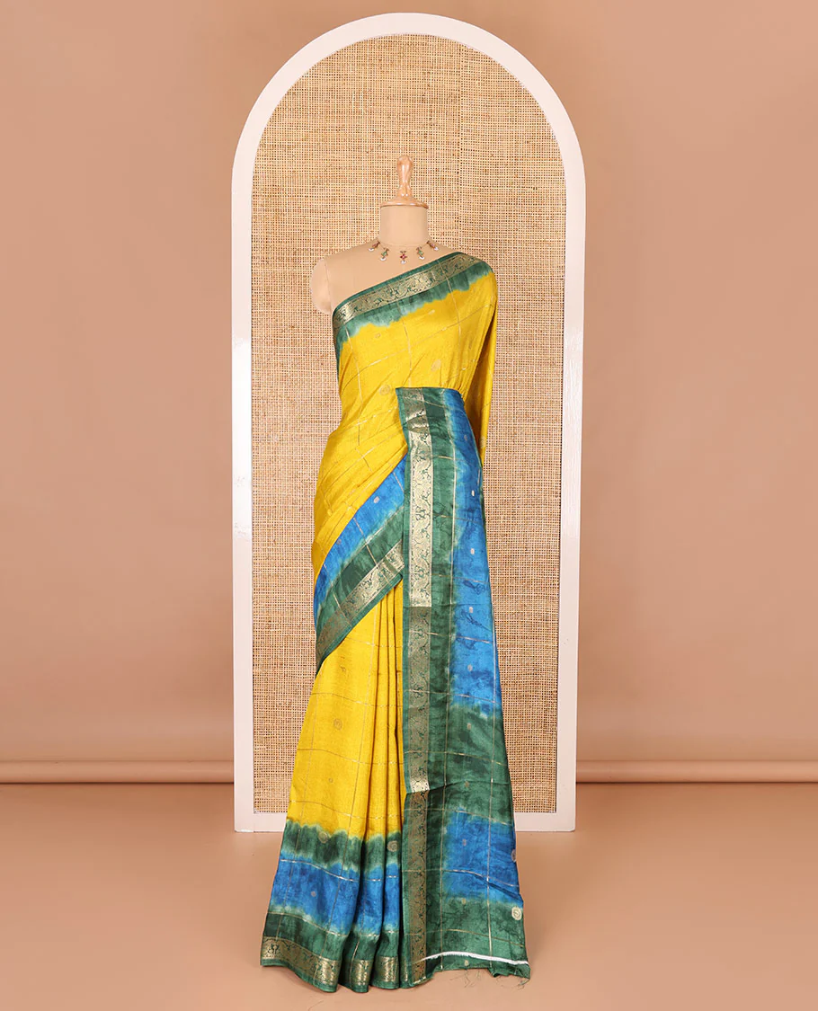 Yellow buttas enclosed checked dola silk saree, contrast shibori print with traditional zari border, buttas enclosed checked pallu, and a contrast buttas enclosed checked blouse - Image 2