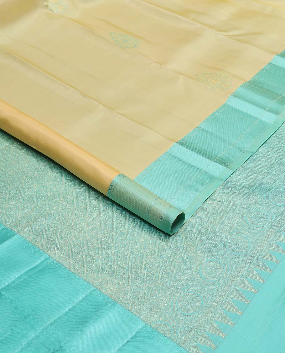 Yellow buttas kancheepuram silk saree with contrast zari design border & argyle design pallu - Image 2