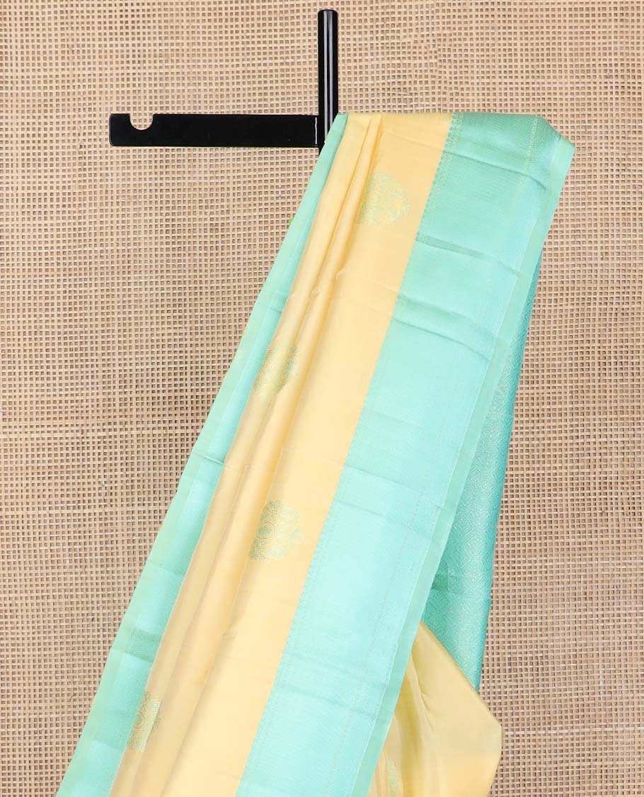 Yellow buttas kancheepuram silk saree with contrast zari design border & argyle design pallu - Image 4