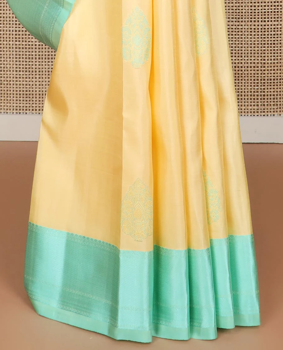 Yellow buttas kancheepuram silk saree with contrast zari design border & argyle design pallu - Image 5