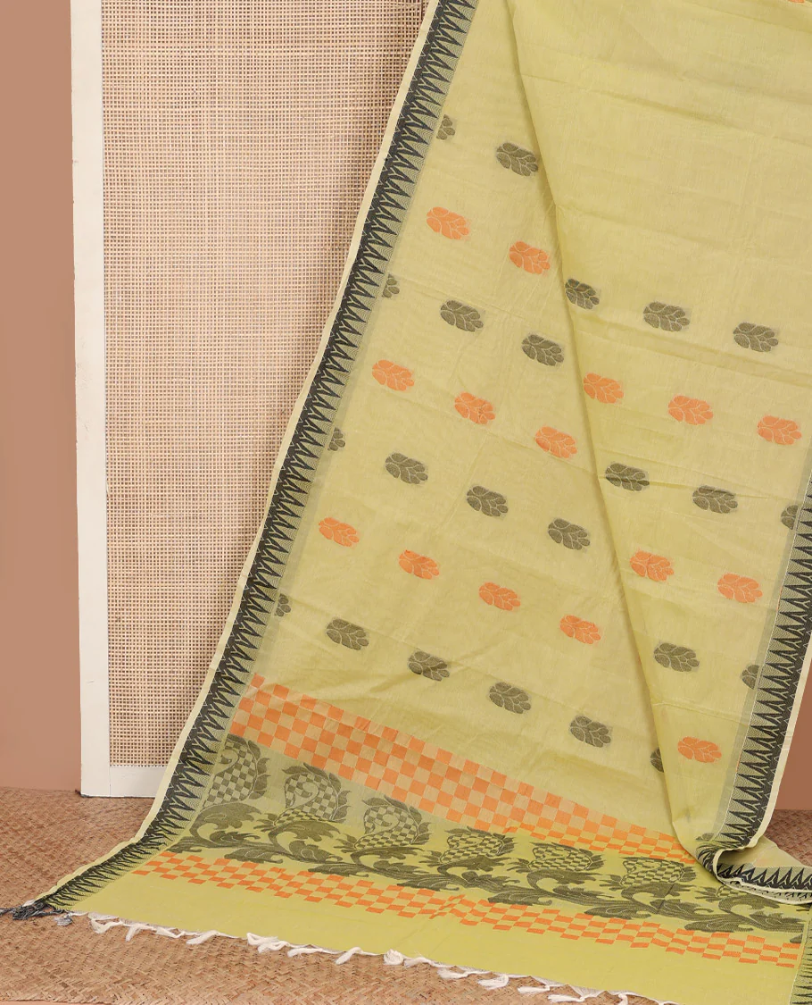 Yellow buttas Kanchi cotton saree, temple border, and pallu of checks and leaf designs - Image 2