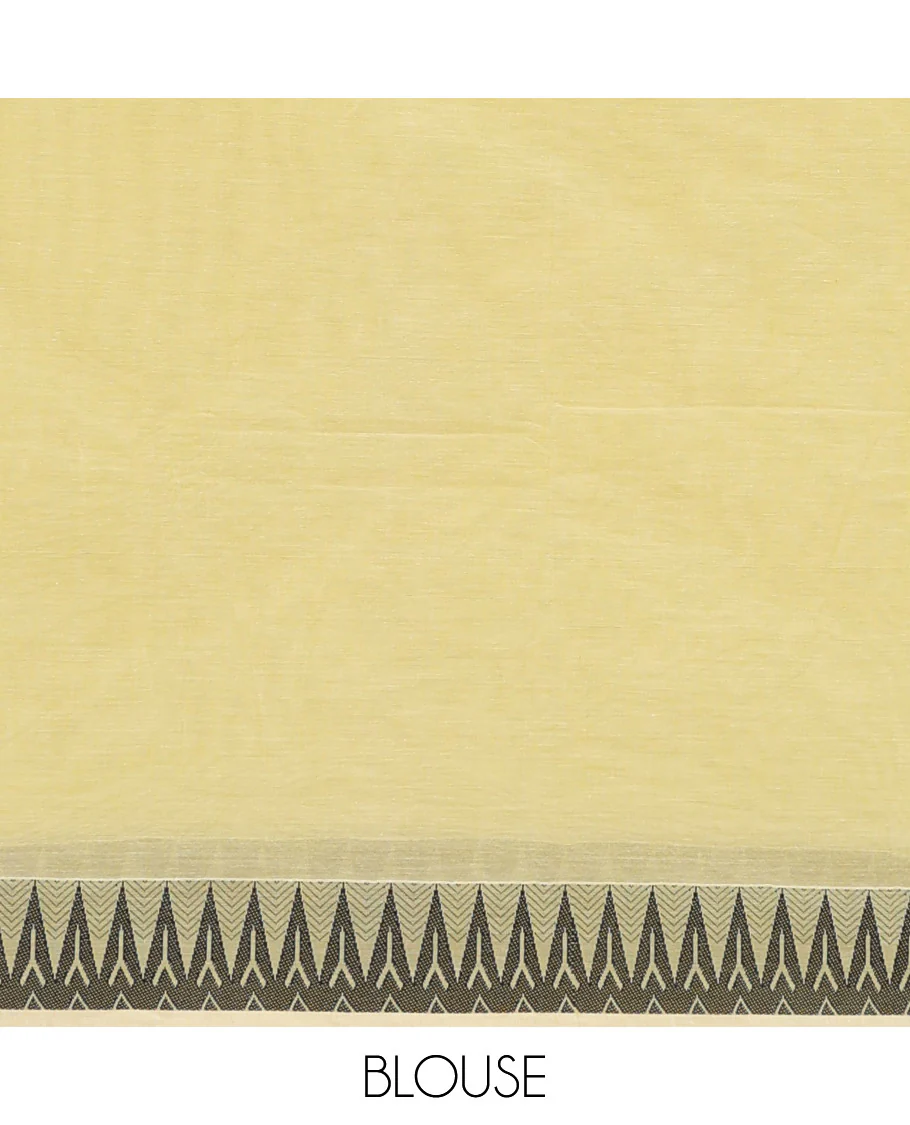 Yellow buttas Kanchi cotton saree, temple border, and pallu of checks and leaf designs - Image 3