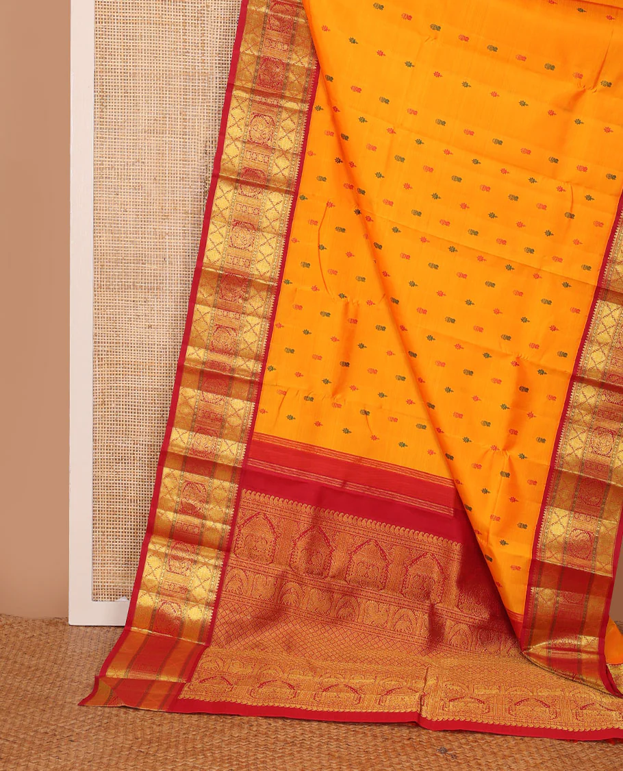Yellow buttas Kanchipuram silk saree, contrast border of rudraksham, thazampoo rekku, arumbu manga, kathir, diamond, and mayil designs, and jaal pallu - Image 3