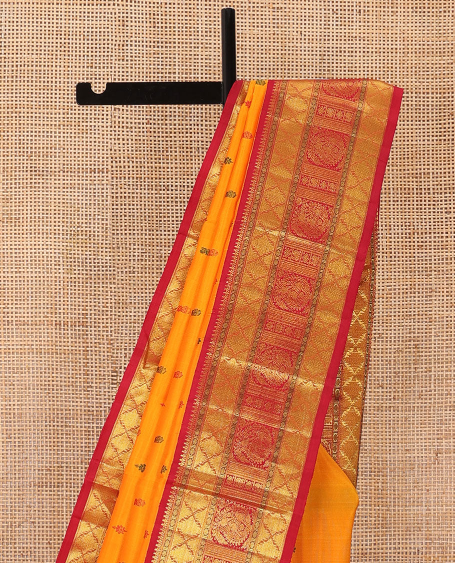 Yellow buttas Kanchipuram silk saree, contrast border of rudraksham, thazampoo rekku, arumbu manga, kathir, diamond, and mayil designs, and jaal pallu - Image 4