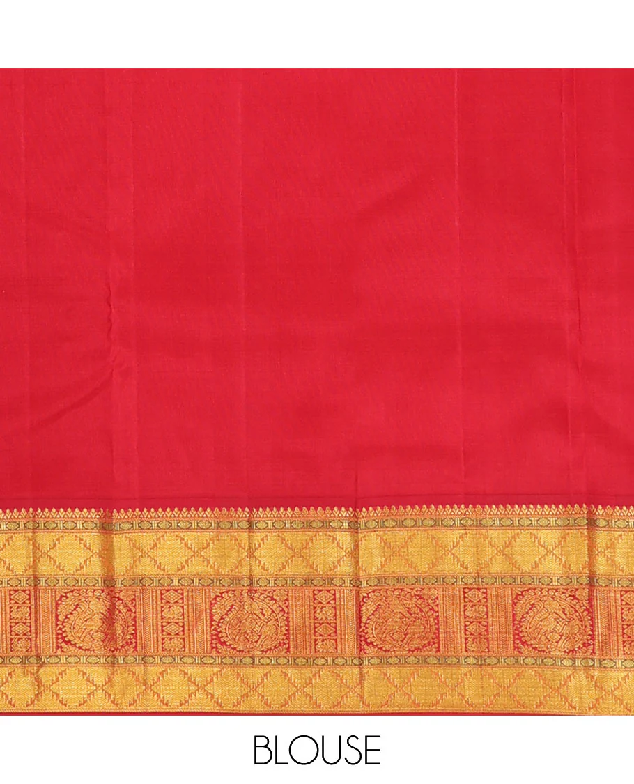 Yellow buttas Kanchipuram silk saree, contrast border of rudraksham, thazampoo rekku, arumbu manga, kathir, diamond, and mayil designs, and jaal pallu - Image 6