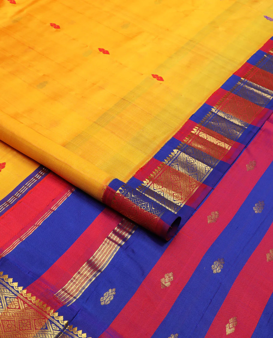 Yellow buttas Kanchipuram silk saree, contrast korvai border of thilakam mokku, banaras & jaal design & pallu of zari design - Image 2