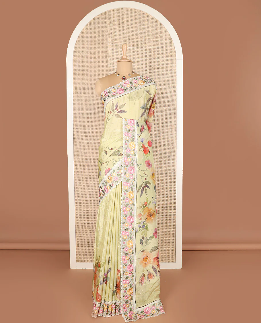 Yellow buttas with floral vine printed dola silk saree, contrast floral embroidered scallop border - Image 2
