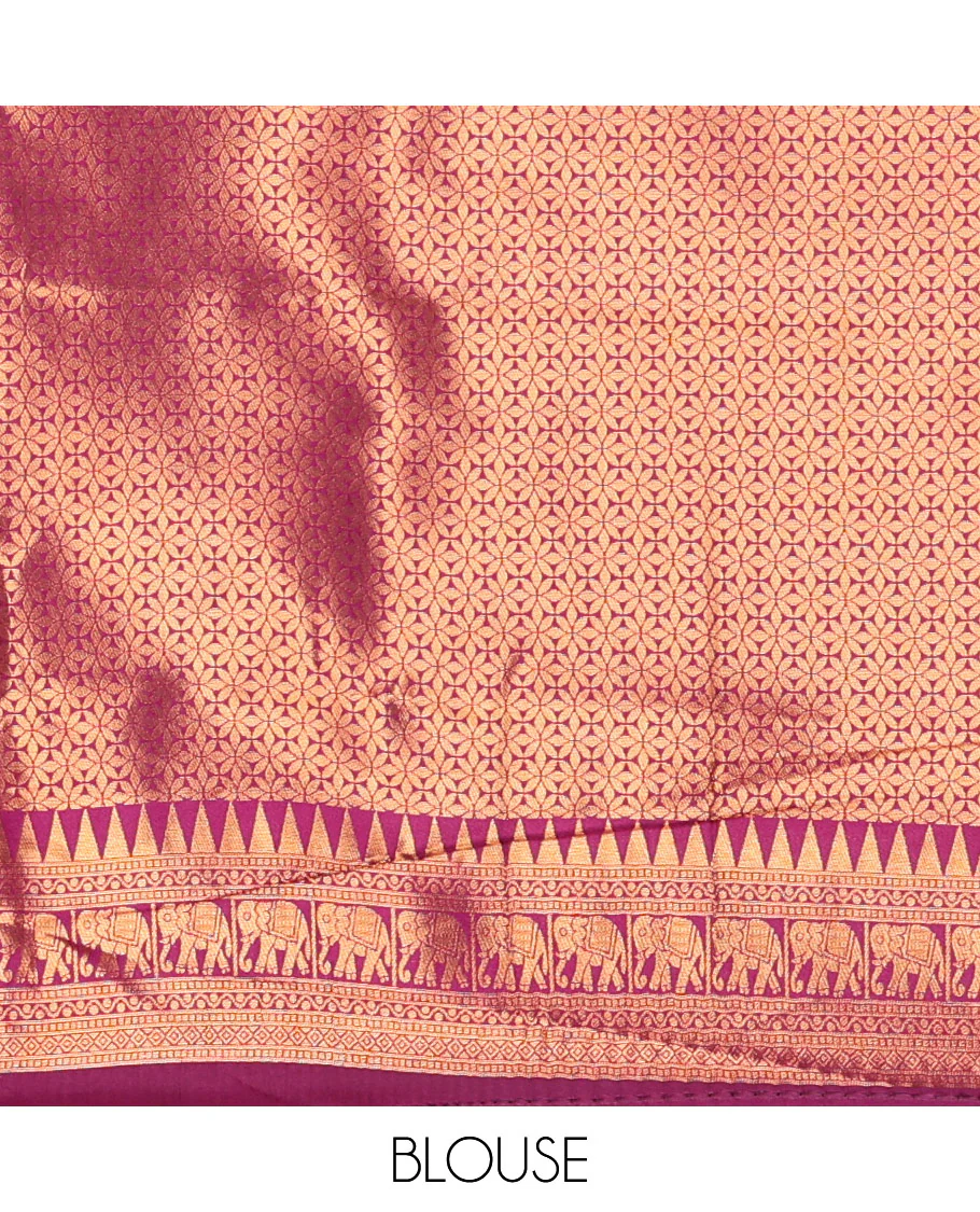 Yellow checked design litchi saree, contrast temple elephant motifs border, geometric patterned pallu, and a contrast jacquard blouse - Image 3