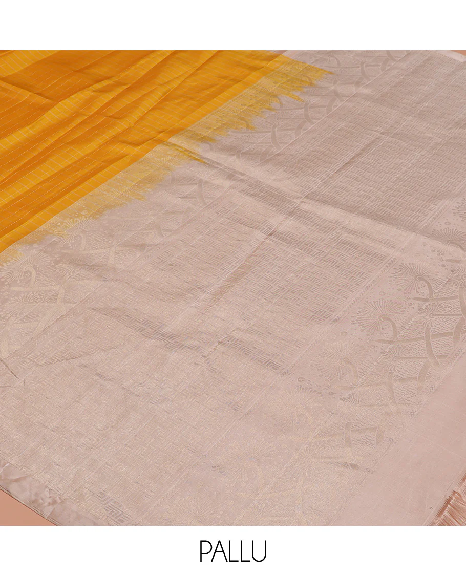 Yellow checked Kanchipuram silk saree, contrast border of zari buttas, and pallu of geometric patterns - Image 5