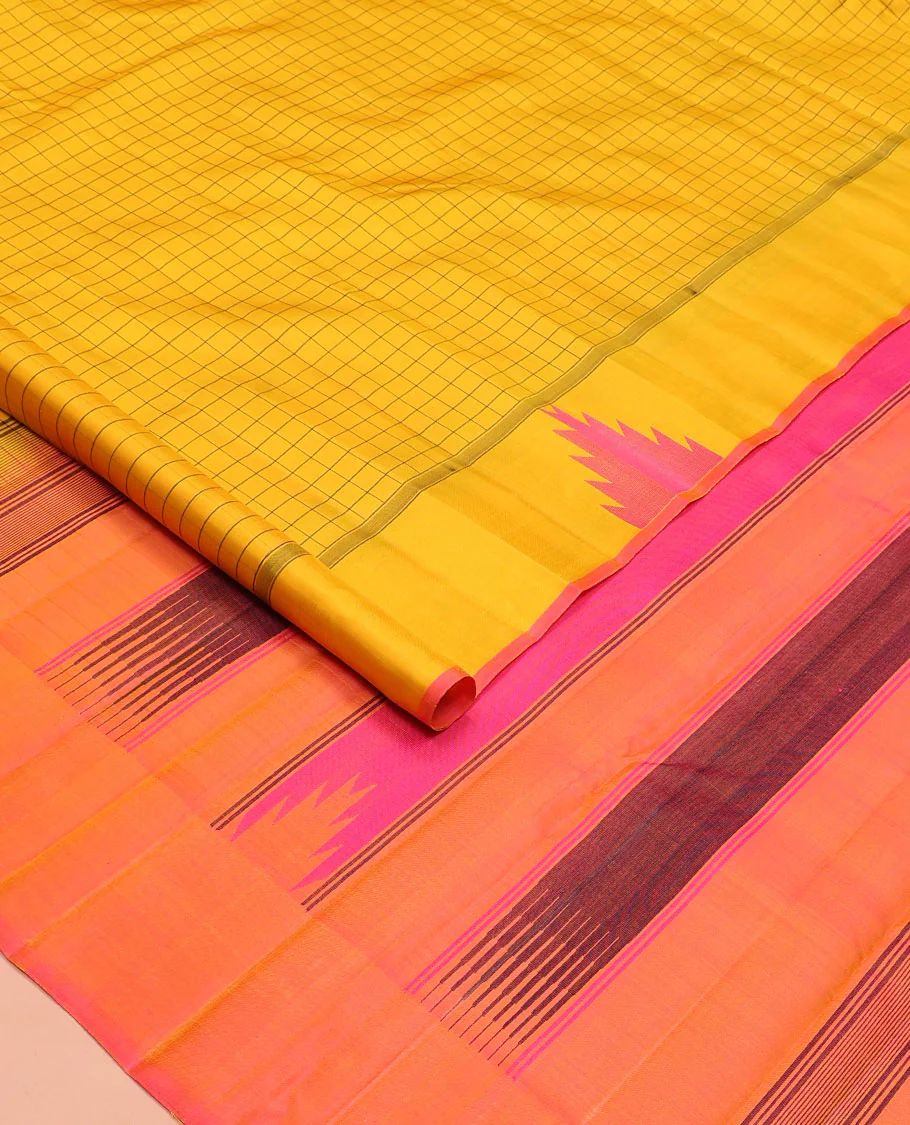 Yellow checked Kanchipuram silk saree, thazampoo rekku border, and pallu of pillaiyar mokku, and seppu rekku designs - Image 2
