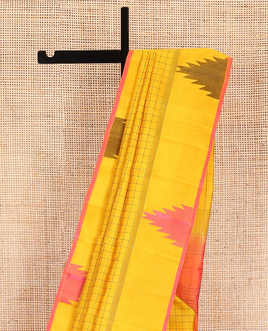 Yellow checked Kanchipuram silk saree, thazampoo rekku border, and pallu of pillaiyar mokku, and seppu rekku designs - Image 3