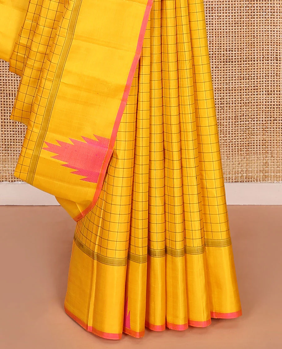 Yellow checked Kanchipuram silk saree, thazampoo rekku border, and pallu of pillaiyar mokku, and seppu rekku designs - Image 4