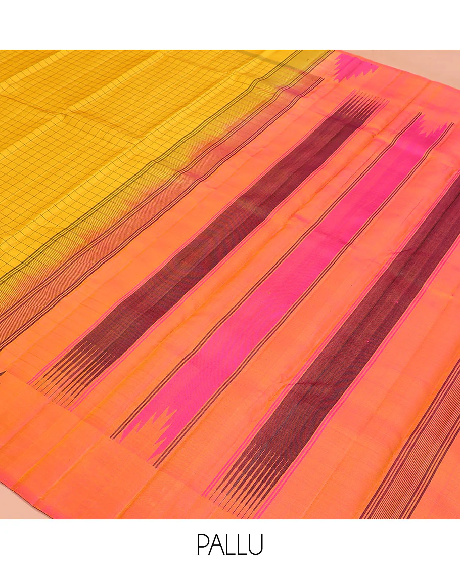 Yellow checked Kanchipuram silk saree, thazampoo rekku border, and pallu of pillaiyar mokku, and seppu rekku designs - Image 5