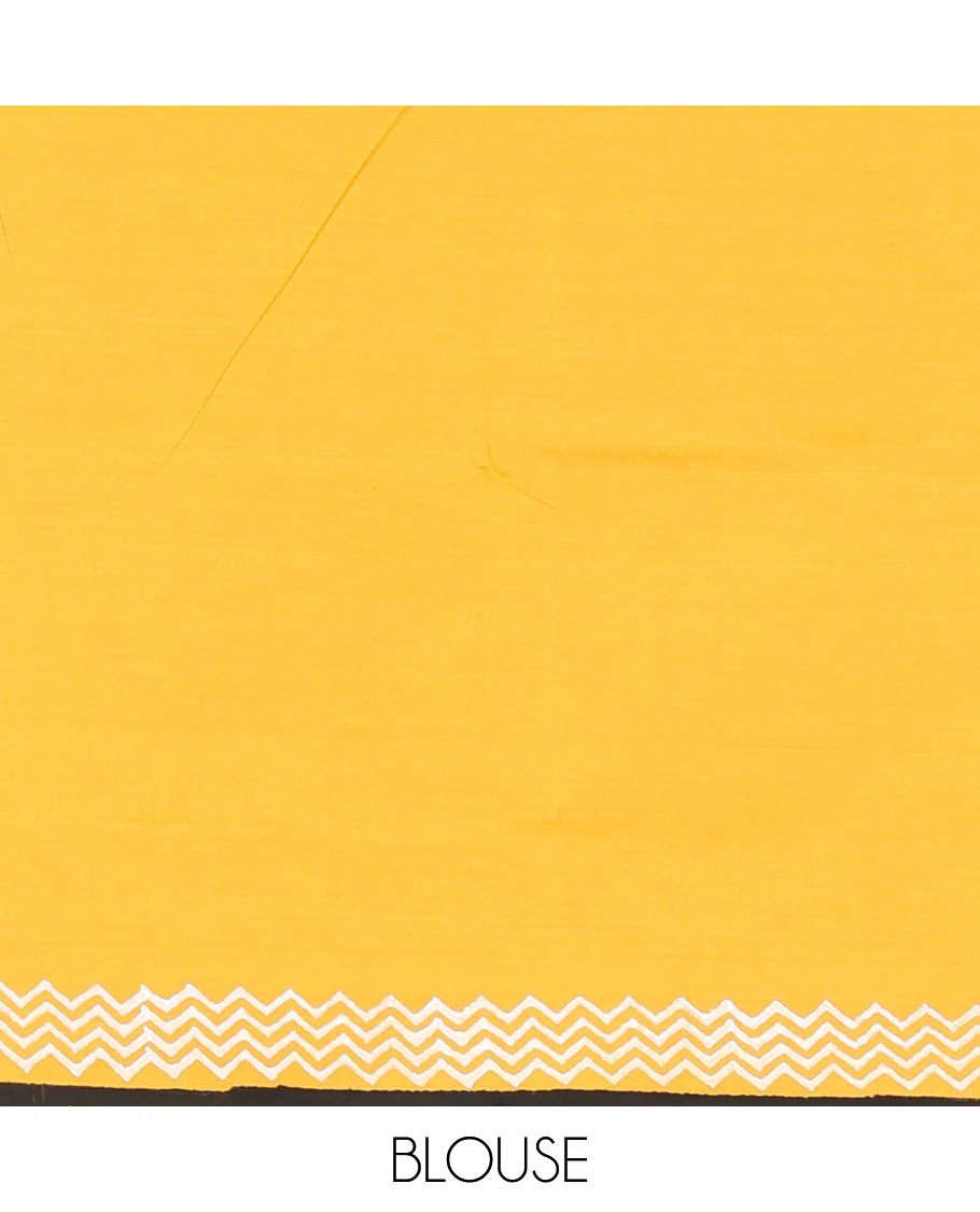Yellow elephant motifs block printed South cotton saree, chevron stripes block printed border, a matching blouse, and a contrast floral vine printed blouse - Image 4