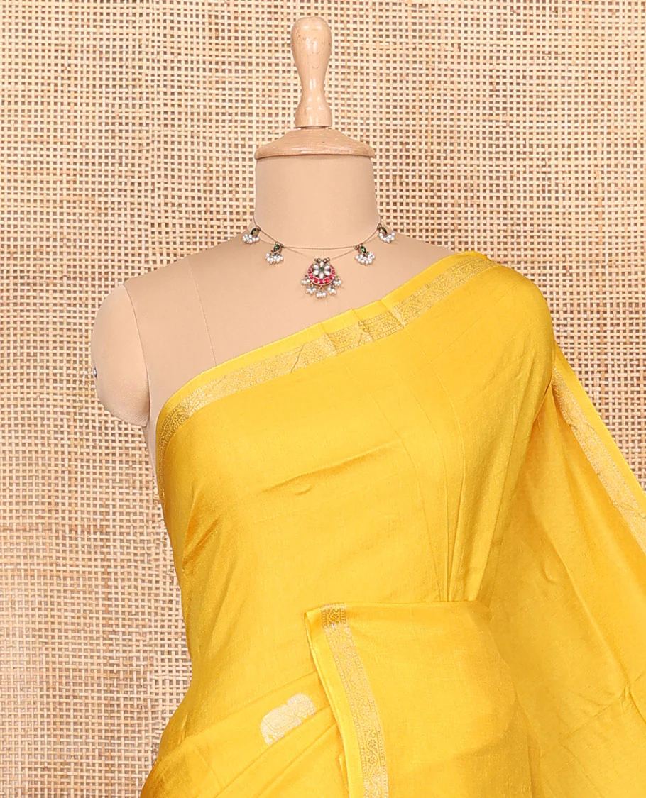Yellow elephant motifs woven Russian silk saree, traditional motifs piping border, zari striped pallu, and a contrast buttas blouse - Image 2