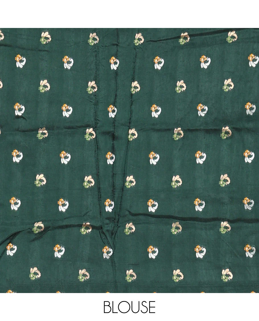 Yellow elephant motifs woven Russian silk saree, traditional motifs piping border, zari striped pallu, and a contrast buttas blouse - Image 3