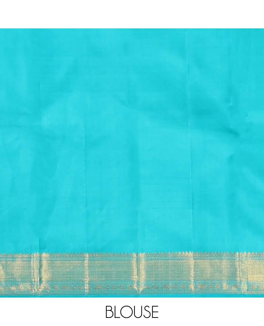 Yellow embossed Parampara silk saree, contrast border of thilakam mokku, muthu, ara bogudi, and kuyil kann, and jaal pallu - Image 6