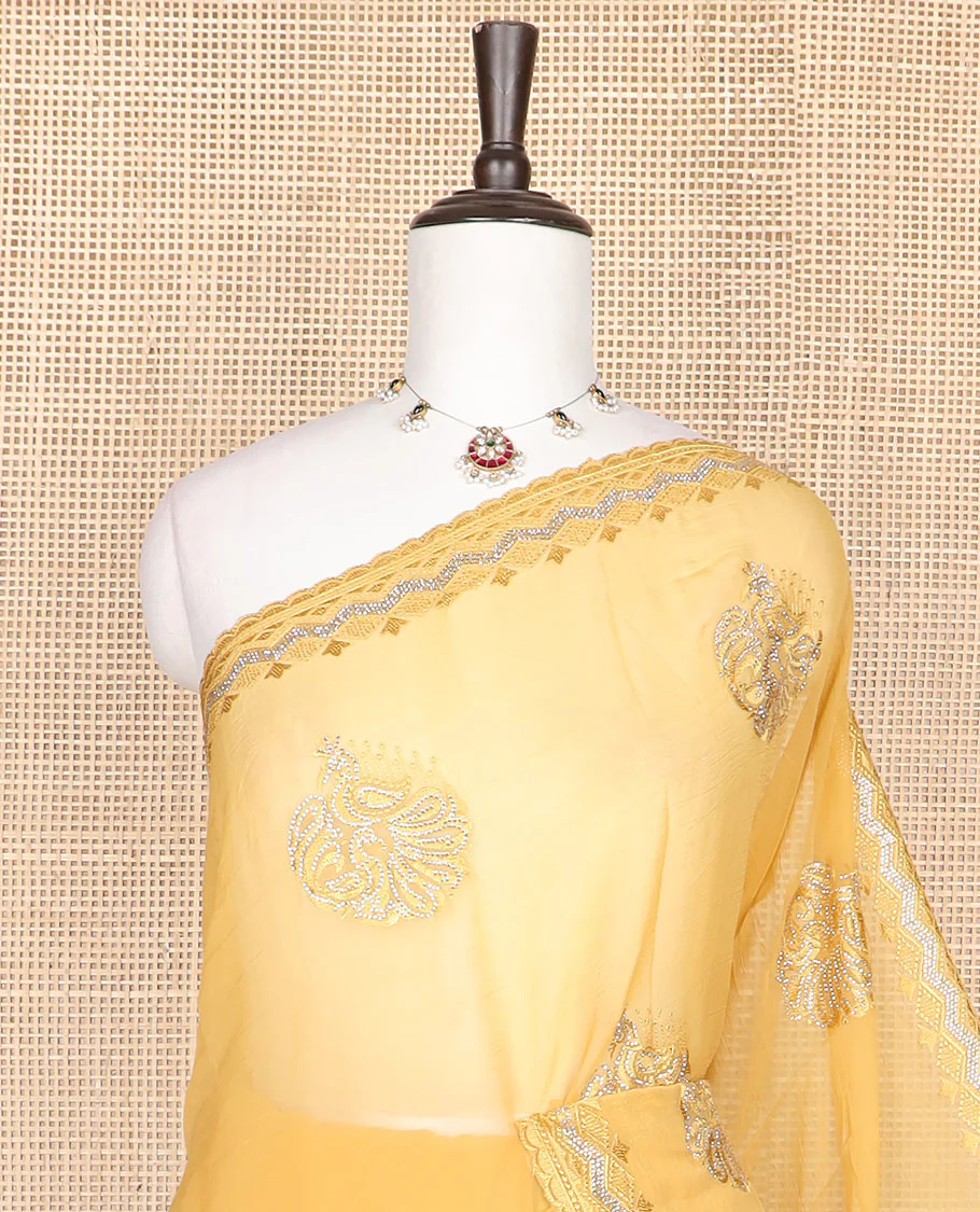 Yellow embroidered designer saree features peacock motifs in micro-stone, scallop thread & stone embroidery border - Image 2
