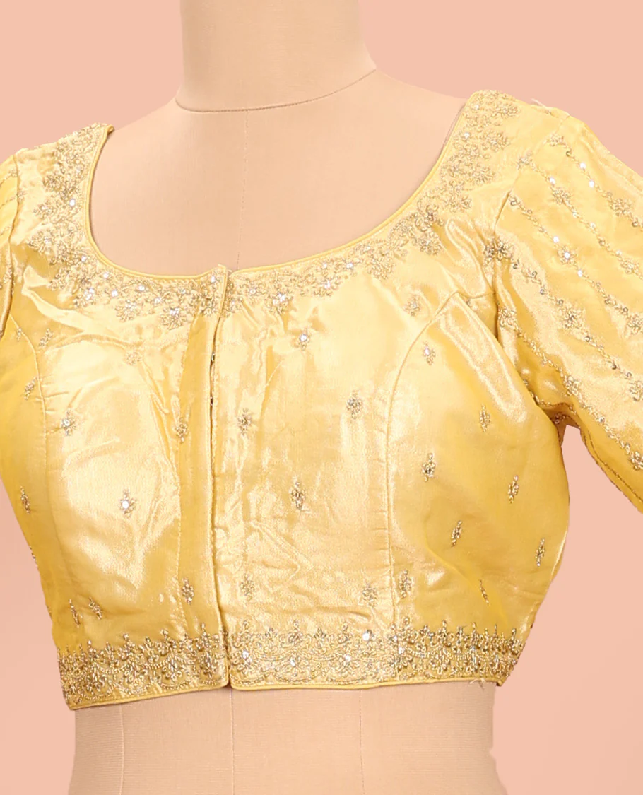 Yellow embroidered round neck with elbow sleeve raw-silk blouse - Image 2