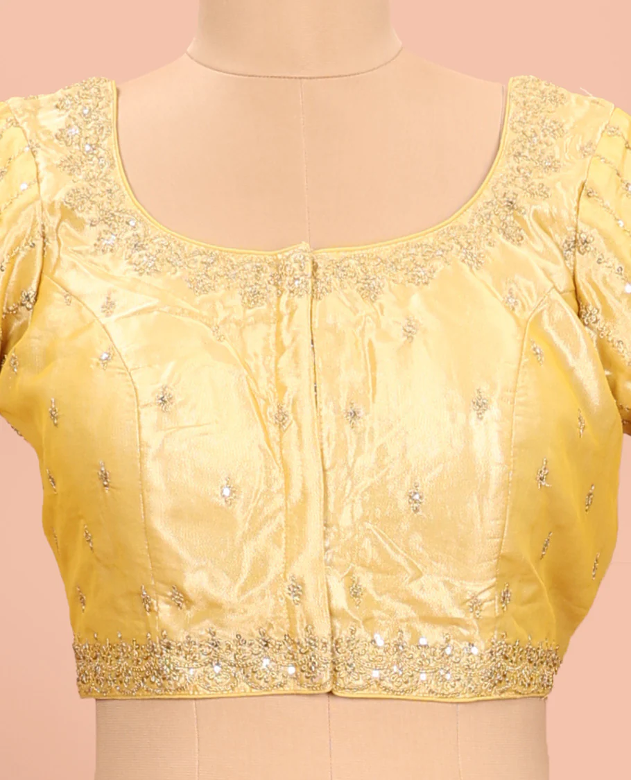 Yellow embroidered round neck with elbow sleeve raw-silk blouse - Image 3