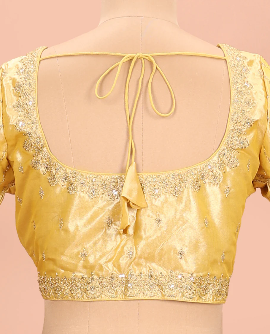 Yellow embroidered round neck with elbow sleeve raw-silk blouse - Image 4