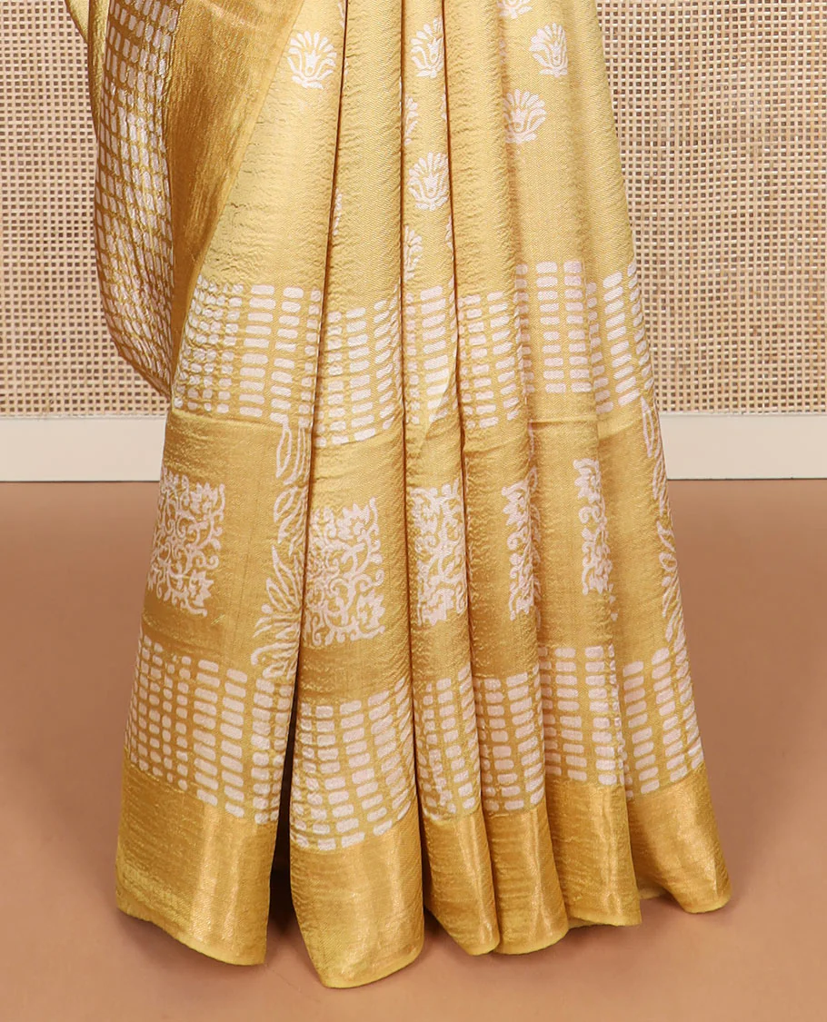 Yellow floral and geometric printed banana pith saree, zari border, and printed pallu - Image 4